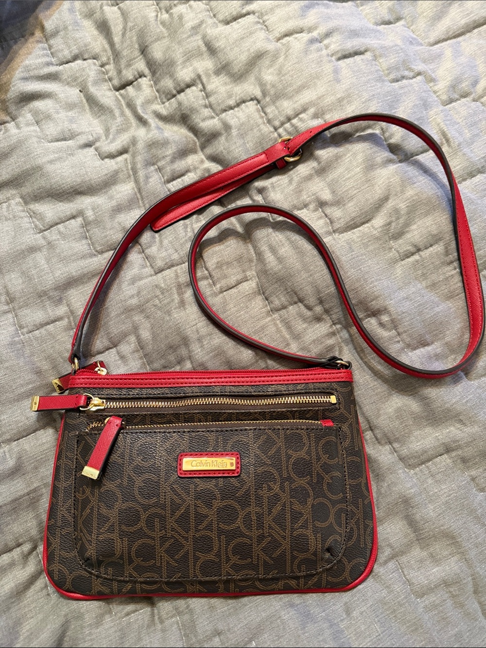 Calvin Klein Brown Monogram Crossbody with Red Trim and Strap